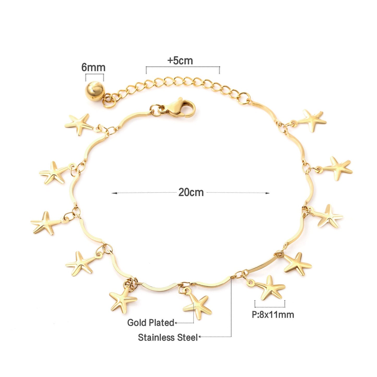 Gold Multi-Pentagram Pendant Accessory Anklet without Diamonds
