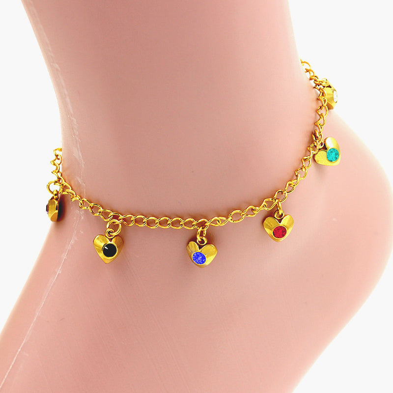 Multicolor Heart Charms Yellow Gold Soft Anklet