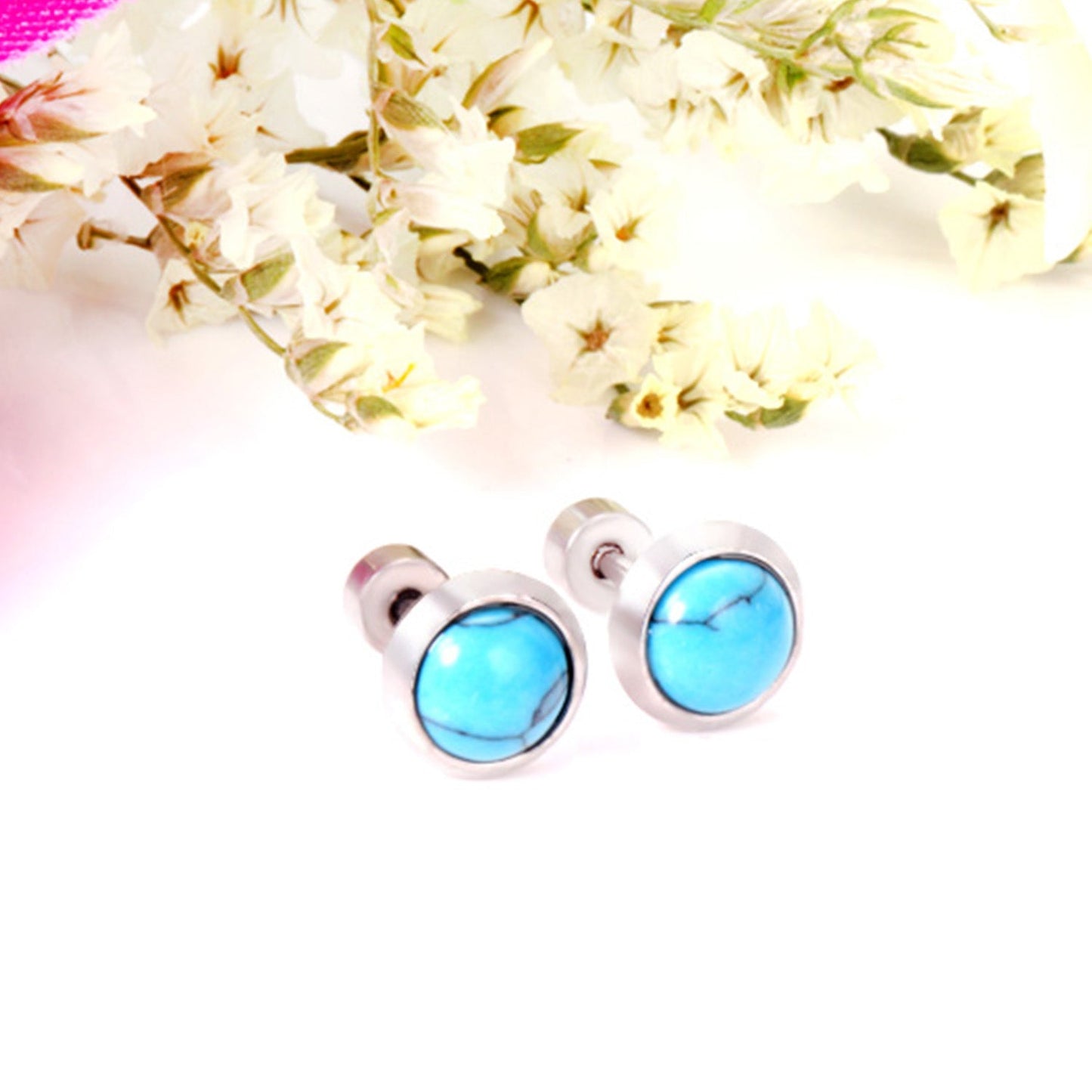 12 pairs 4mm/6mm/8mm Steel Color/Gold Turquoise Screwback Earrings