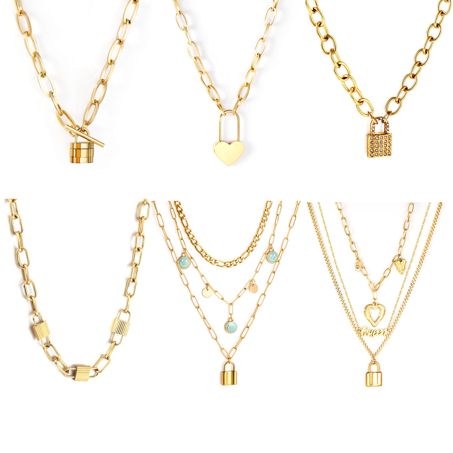 3 lake blue smiley + two round pieces + locking accessories triple chain with diamonds 55+40+35+10cm gold color
