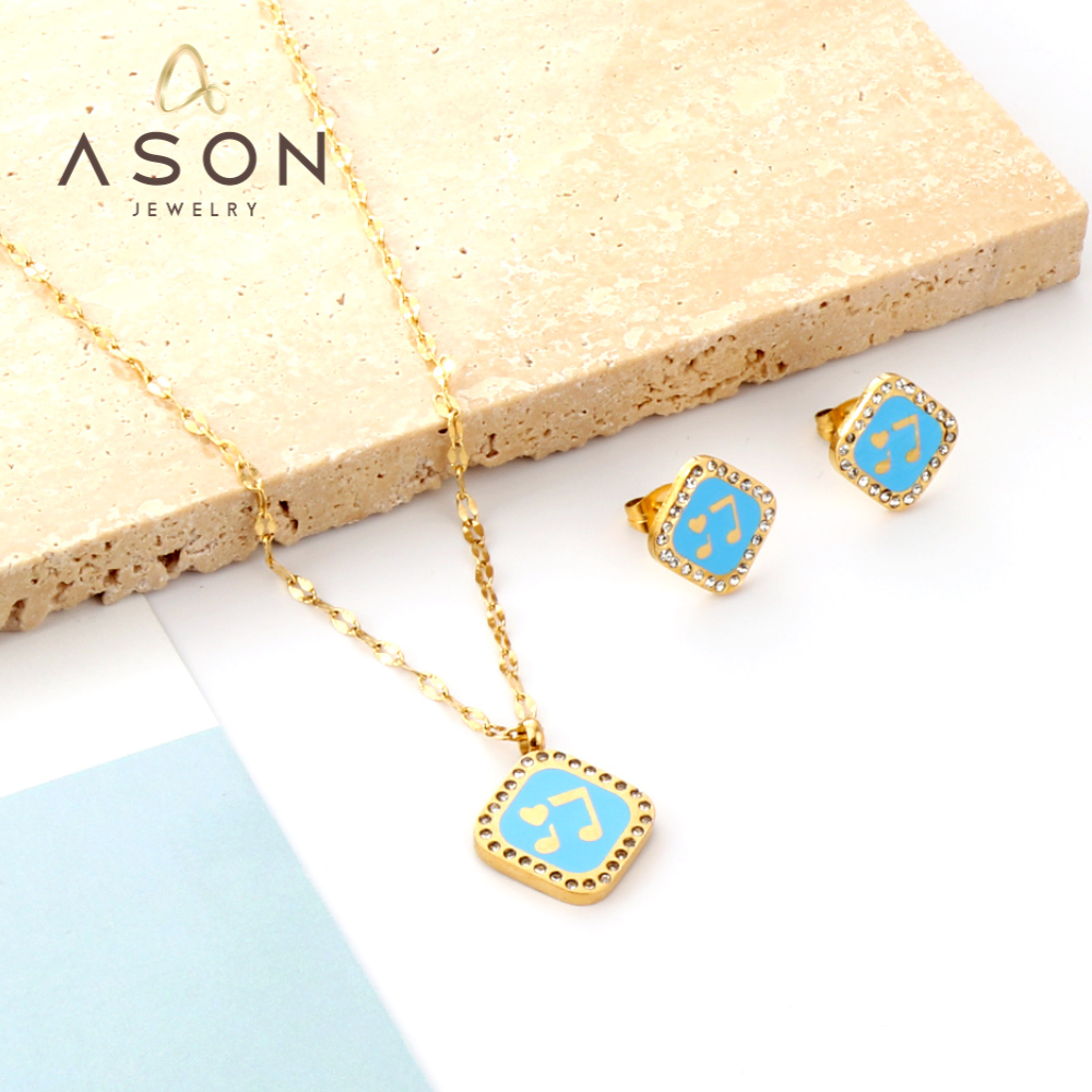 Square Blue Musical Note With Heart Enamel Girls Kids Jewelry Set