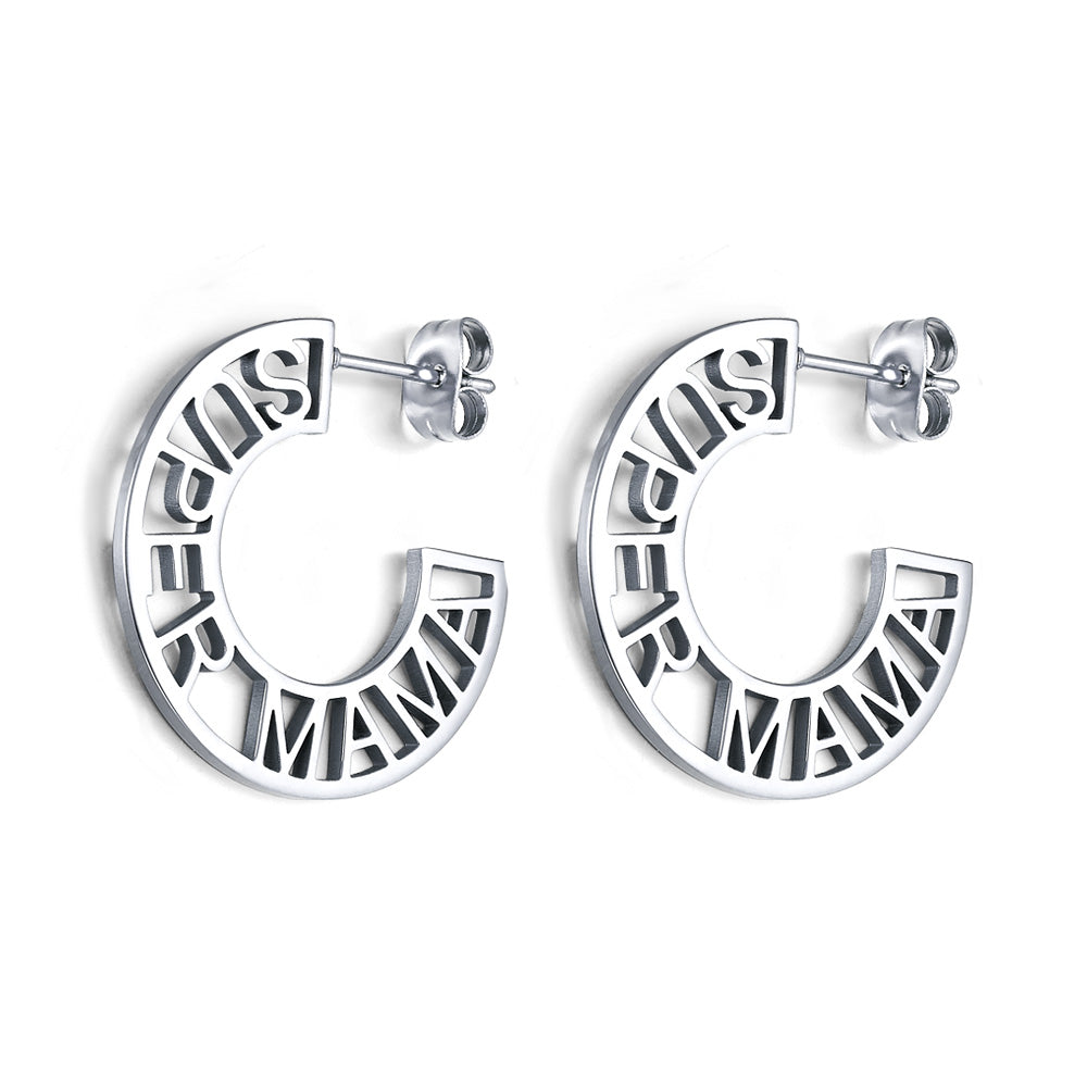 Fashion Stainless Steel Hollow SUPER MAMA Earrings