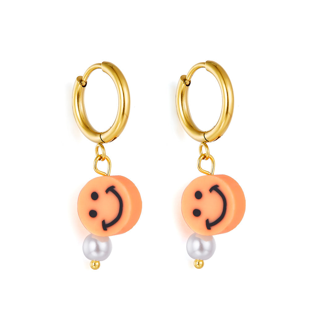Fashion 18k Gold Plated Orange Round Smiley Face Enamel Girls Kids Jewelry Earrings