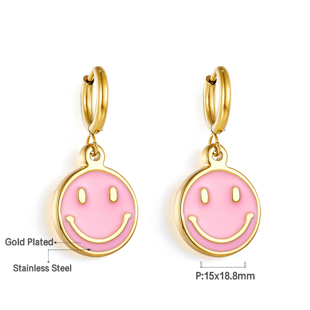 Stainless Steel Pink Round Smiley Face Girls Kids Jewelry Earrings
