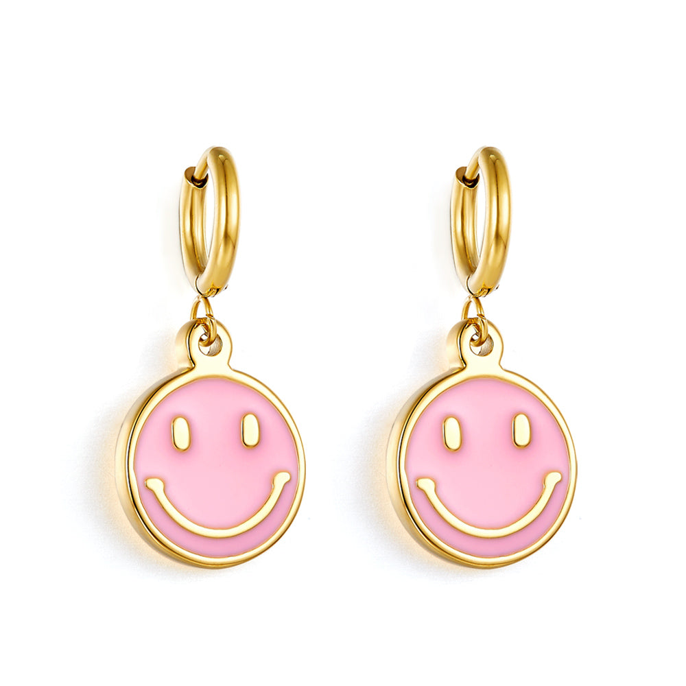 Stainless Steel Pink Round Smiley Face Girls Kids Jewelry Earrings