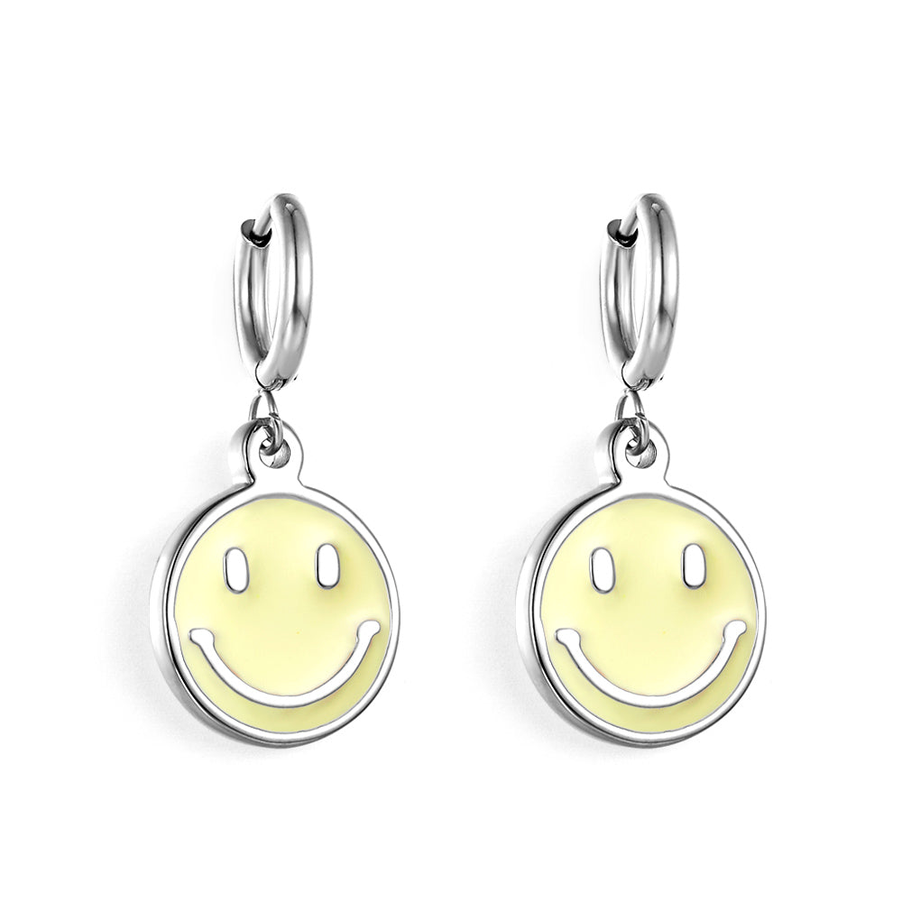Enamel Girls Kids Jewelry Fashion Stainless Steel Yellow Smiley Earrings