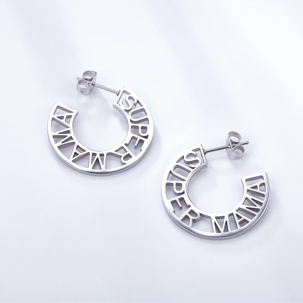 Fashion Stainless Steel Hollow SUPER MAMA Earrings