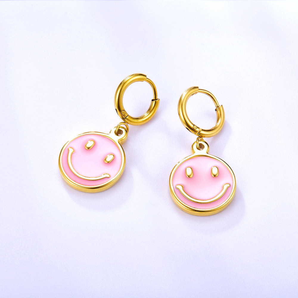 Stainless Steel Pink Round Smiley Face Girls Kids Jewelry Earrings