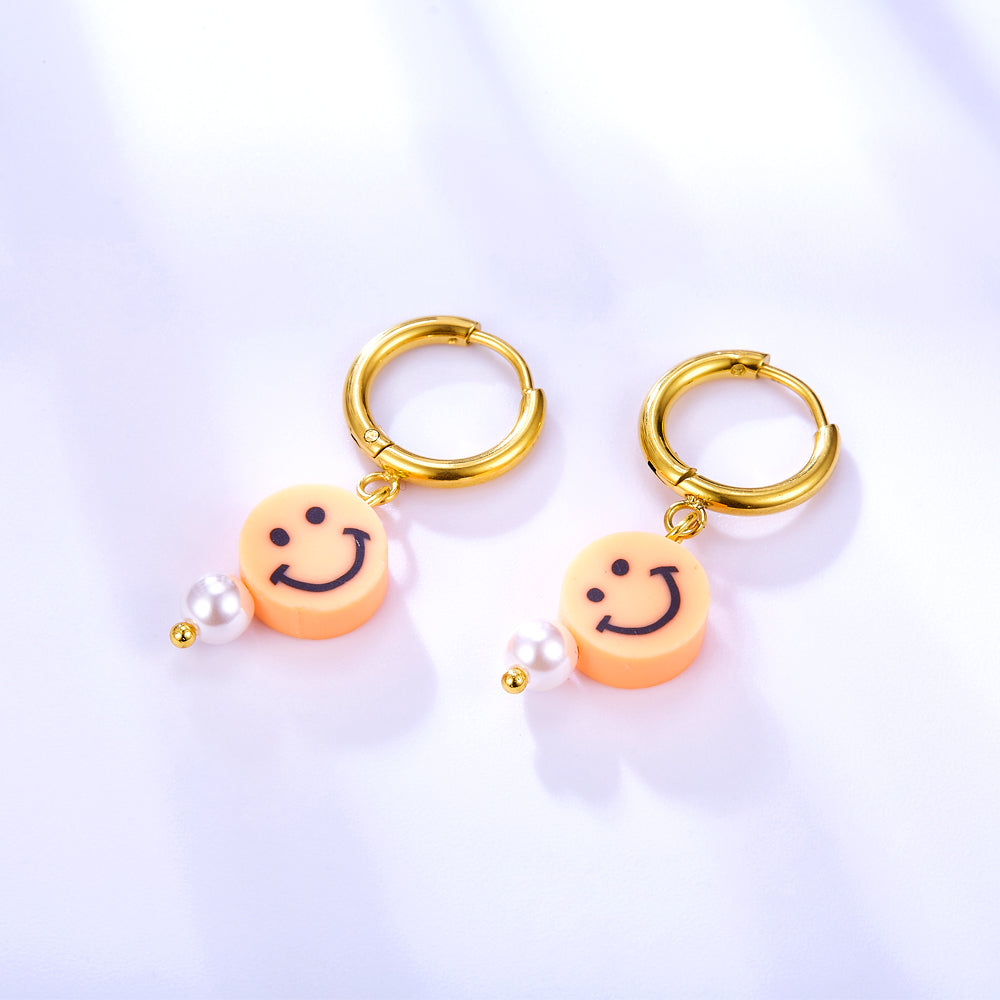 Fashion 18k Gold Plated Orange Round Smiley Face Enamel Girls Kids Jewelry Earrings