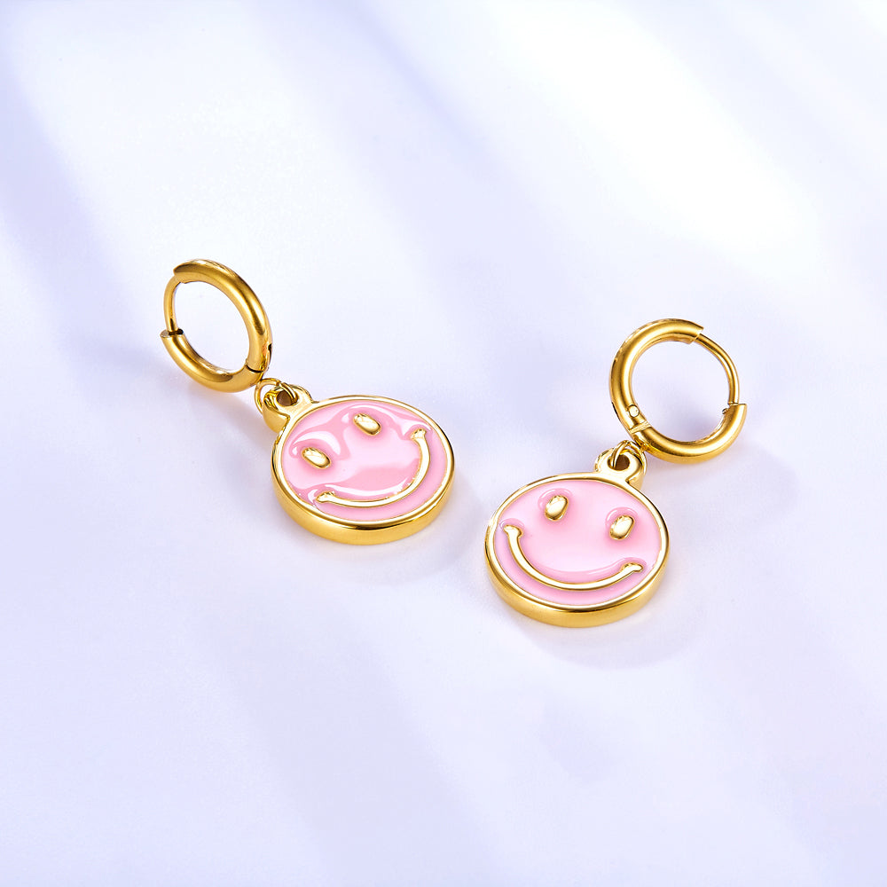 Stainless Steel Pink Round Smiley Face Girls Kids Jewelry Earrings