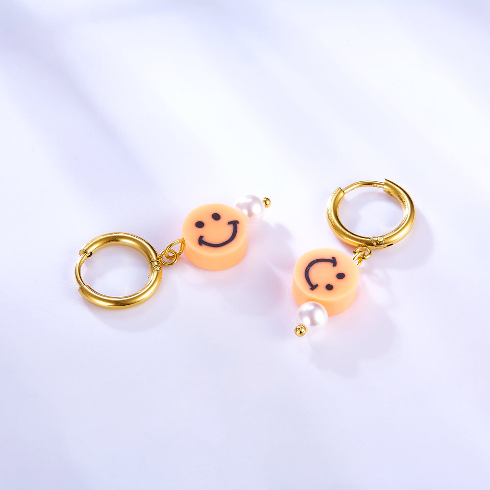 Fashion 18k Gold Plated Orange Round Smiley Face Enamel Girls Kids Jewelry Earrings