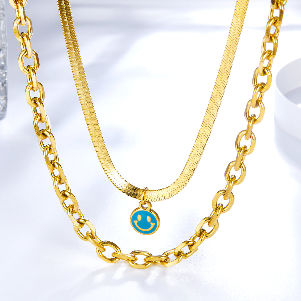 Fashion Round Blue Smiley Face Pattern Double Necklace