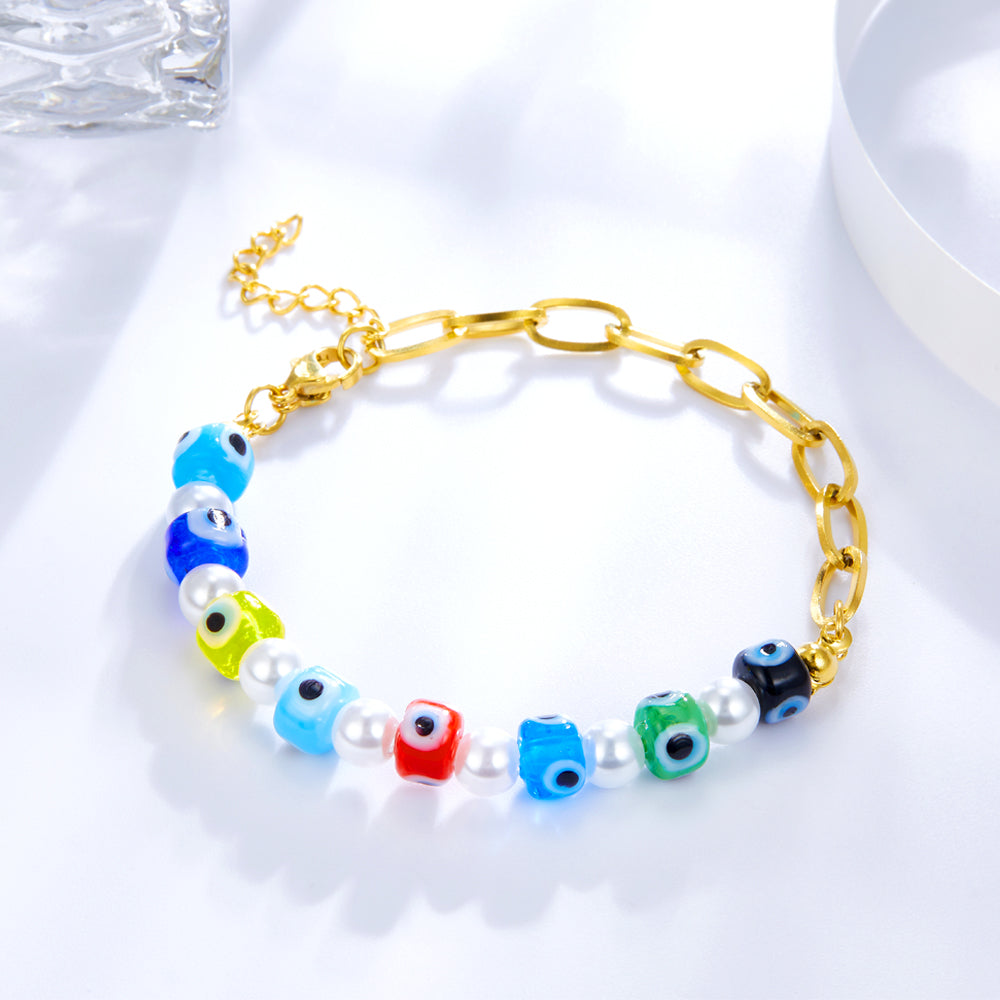 Stainless Steel Half With Chain Half Pearls and Eyes Accessories Bracelet