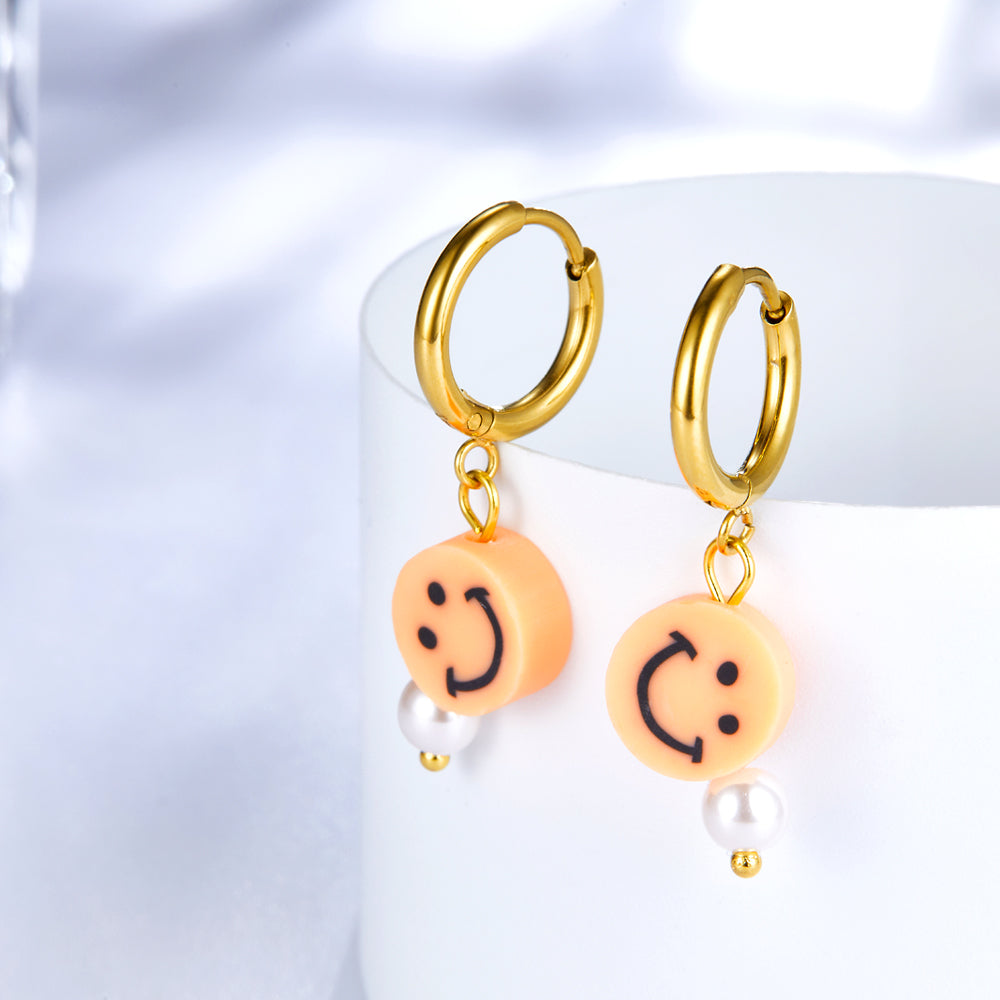 Fashion 18k Gold Plated Orange Round Smiley Face Enamel Girls Kids Jewelry Earrings