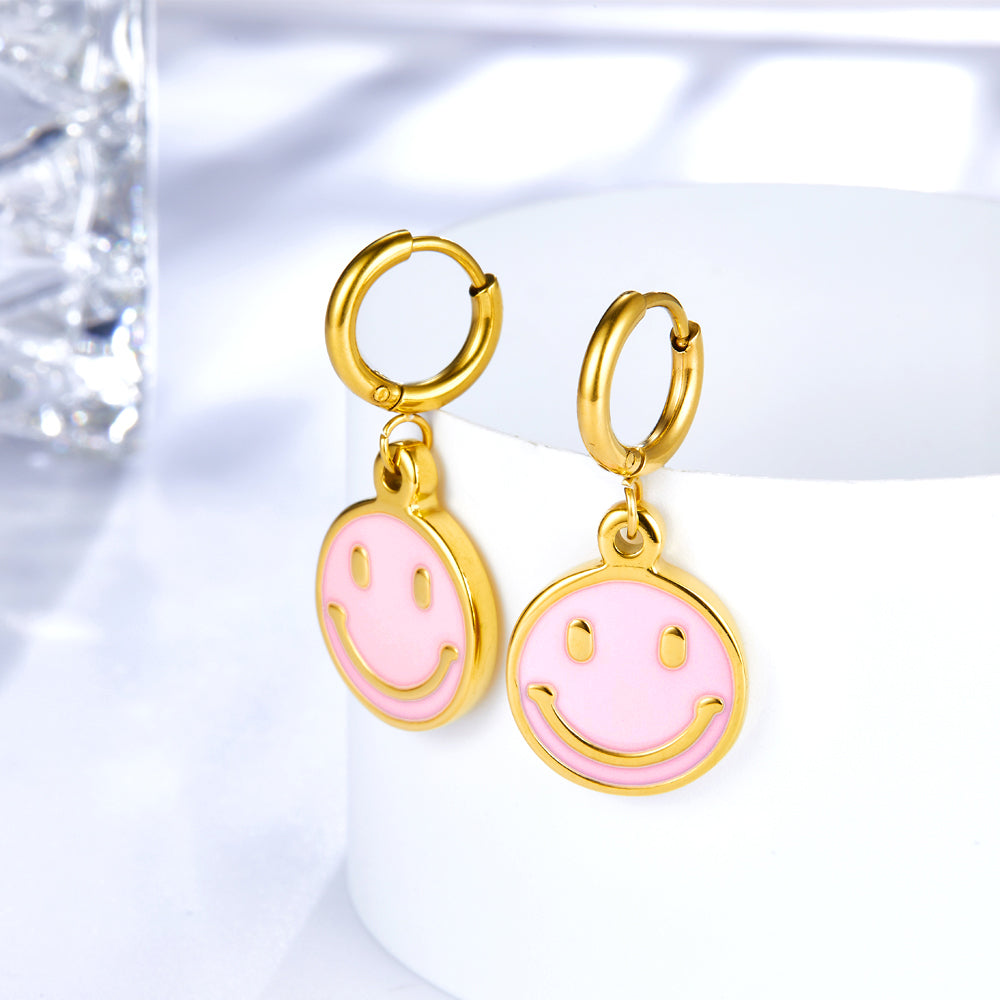 Stainless Steel Pink Round Smiley Face Girls Kids Jewelry Earrings