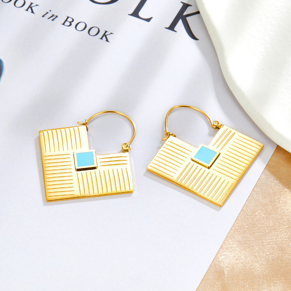 Fashion Square Lake Blue Drop Oil Enamel Girls Jewelry Earrings