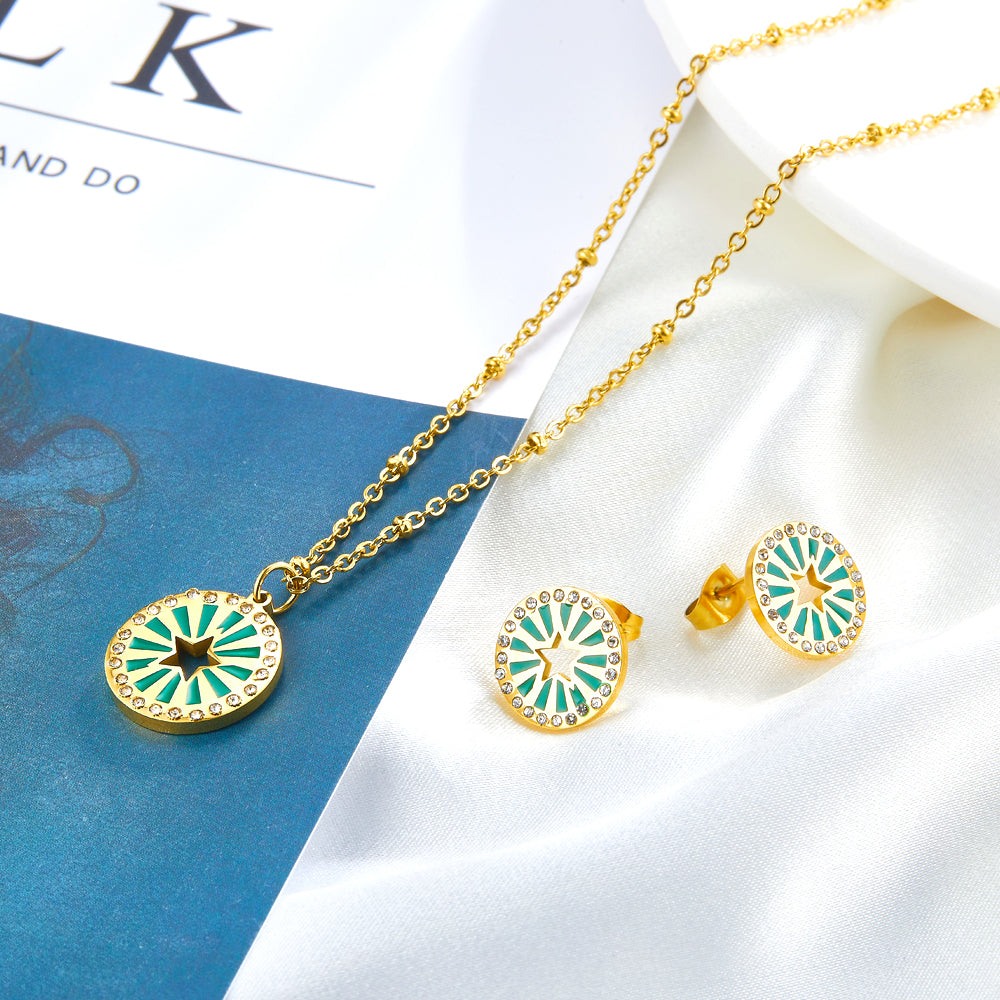Center of the Circle Star-shaped Green Drop Oil With Diamond Enamel Girls Kids Jewelry
