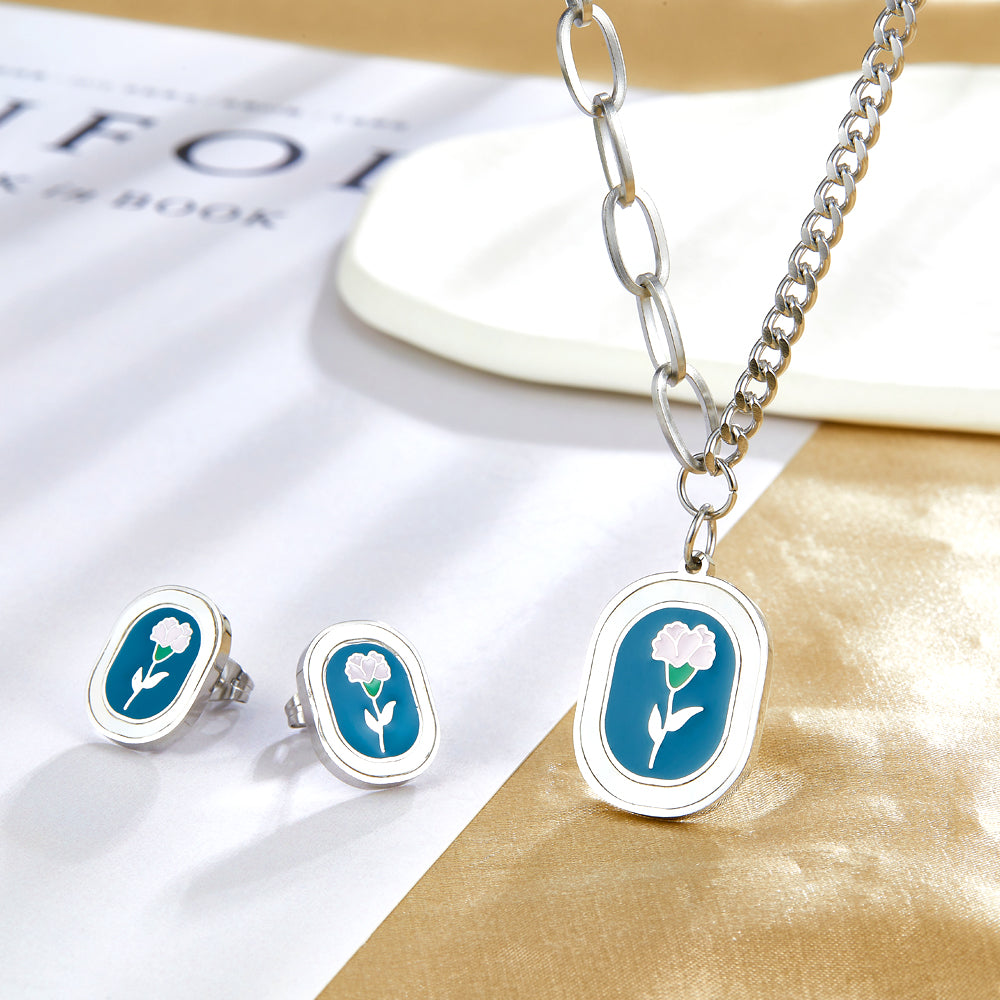 Fashion Carnation Enamel Girls Kids Jewelry Dark Green Drop Oil Jewelry Set