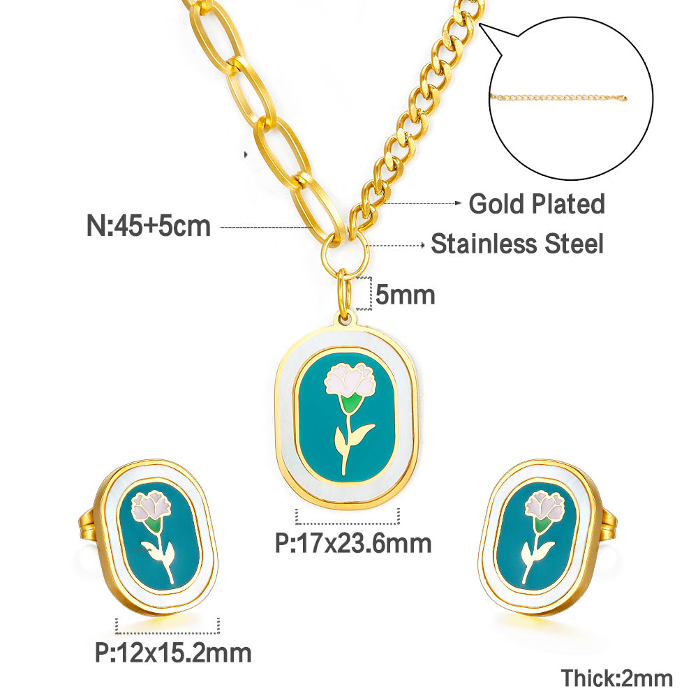 Fashion Carnation Enamel Girls Kids Jewelry Dark Green Drop Oil Jewelry Set