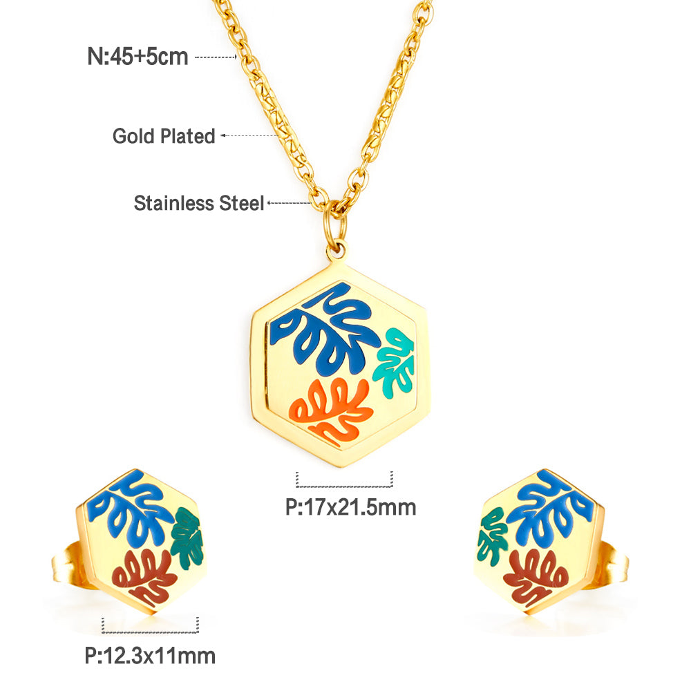 Hexagon Edge With Mixed Color Leaf Jewelry Set Enamel Girls Kids Jewelry