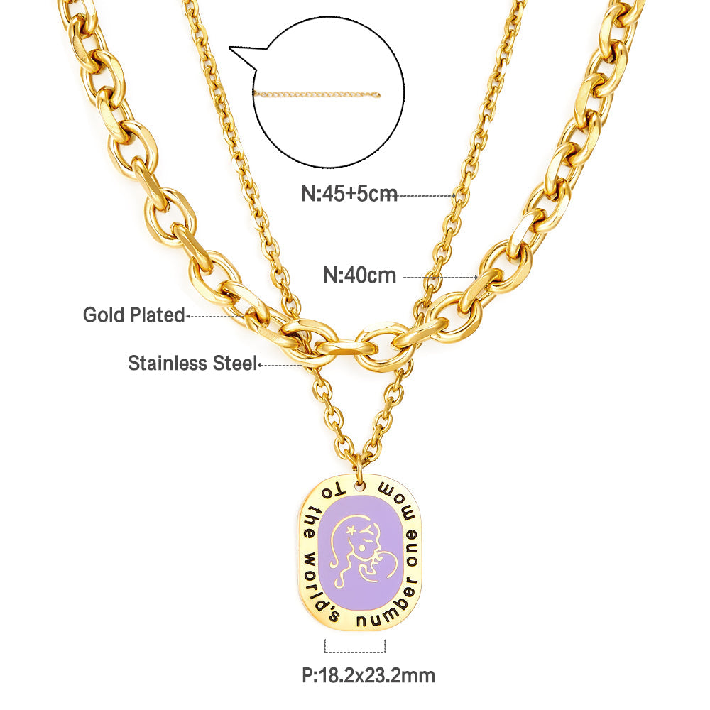 Oval Accessory With Purple Mother-baby Double Chain Enamel Girls Kids Jewelry Necklace
