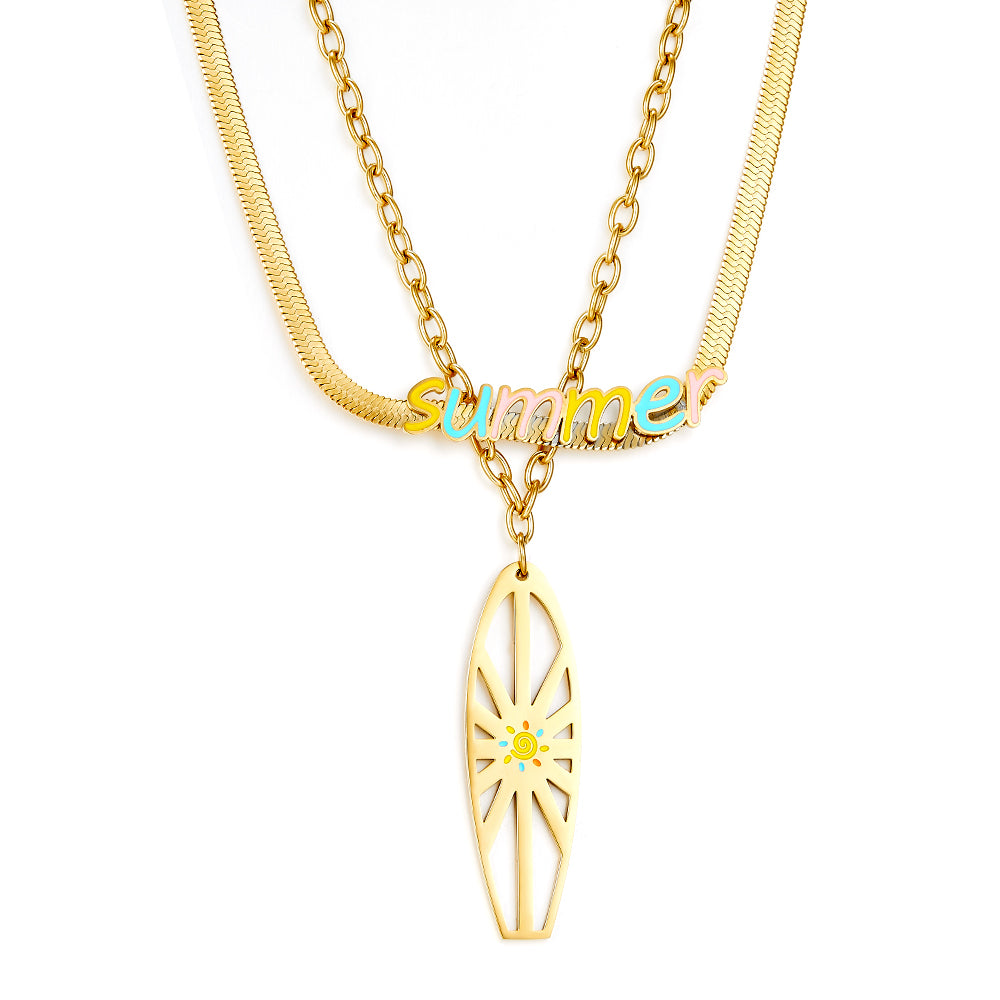 Summer Mixed Color Letters+Shield Double Chain Necklace