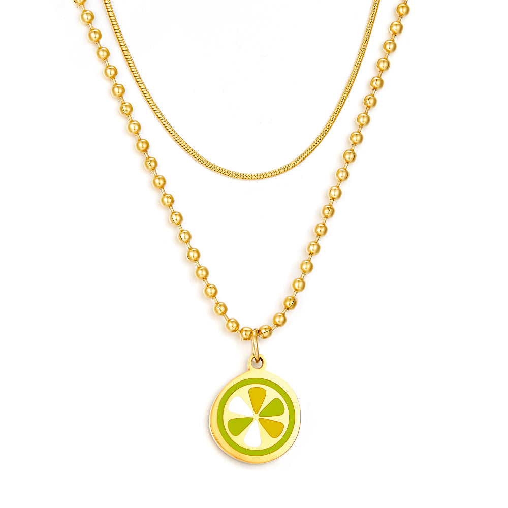 Enamel Girls Kids Jewelry Lemon Slice Mixed Color+Chain Double Chain Necklace