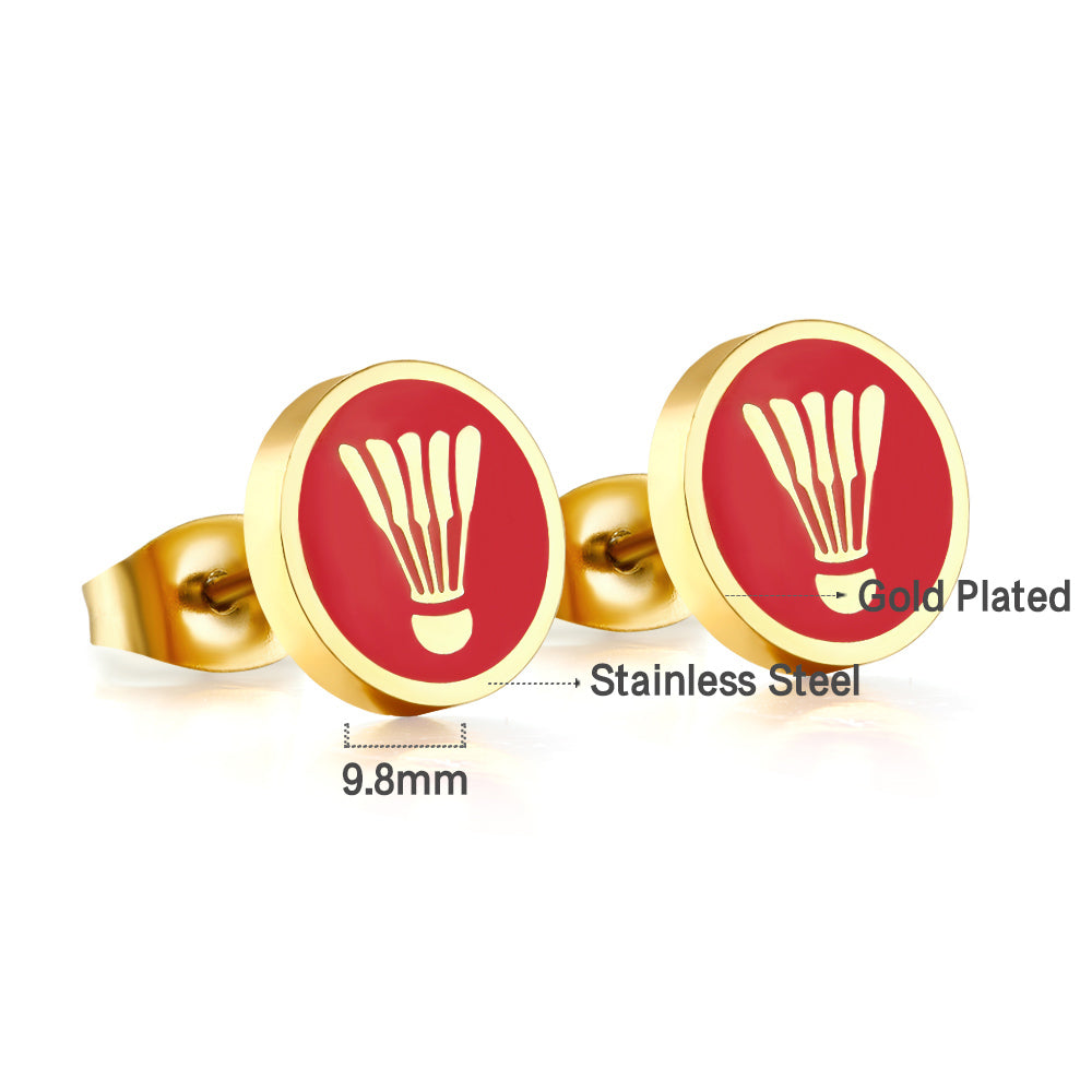 Enamel Girls Kids Jewelry Stainless Steel 18k Gold Plated Badminton Red Cut Stud Earrings