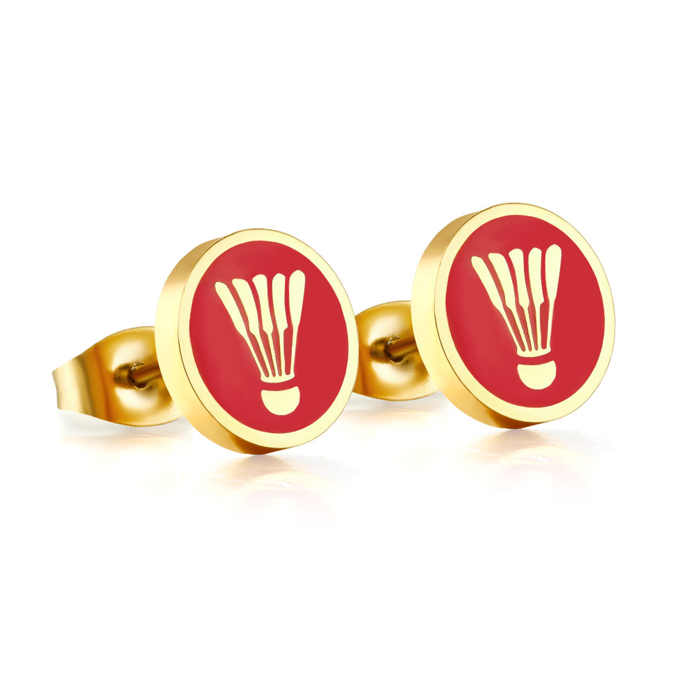 Enamel Girls Kids Jewelry Stainless Steel 18k Gold Plated Badminton Red Cut Stud Earrings