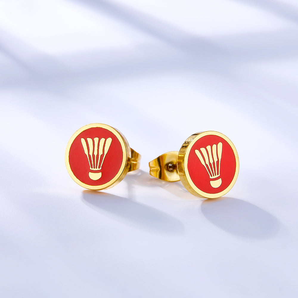 Enamel Girls Kids Jewelry Stainless Steel 18k Gold Plated Badminton Red Cut Stud Earrings