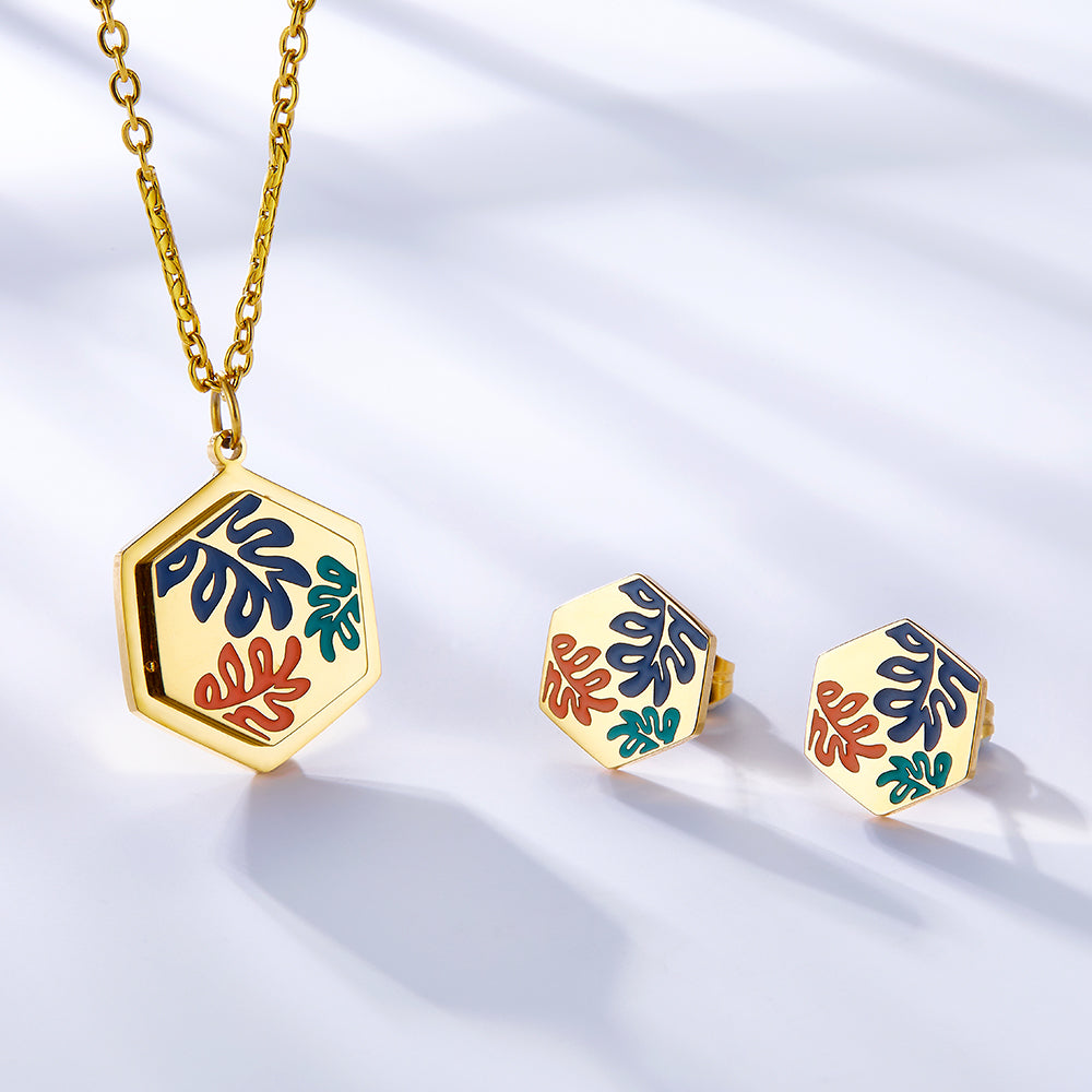 Hexagon Edge With Mixed Color Leaf Jewelry Set Enamel Girls Kids Jewelry