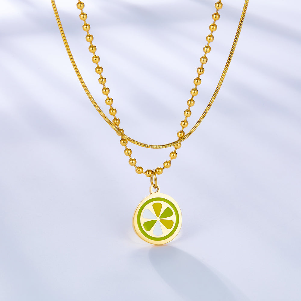 Enamel Girls Kids Jewelry Lemon Slice Mixed Color+Chain Double Chain Necklace