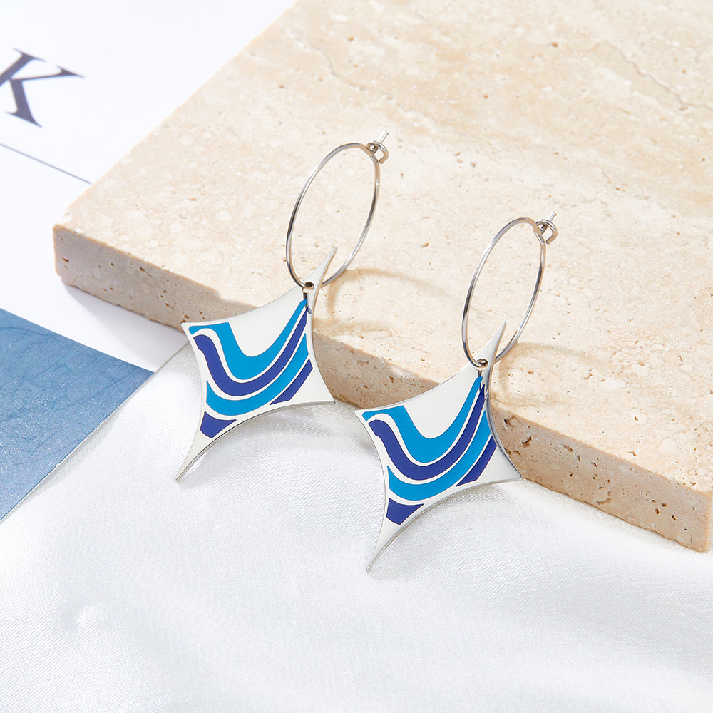 Circle with Long Star-shaped Seawater Mixed Color Enamel Girls Kids Earrings