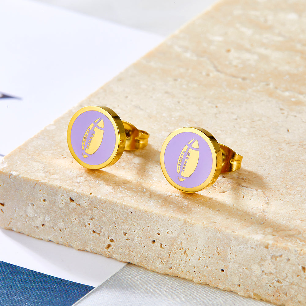 Enamel Girls Kids Jewelry 18k Gold Plated Rugby Purple Cut Stud Earrings