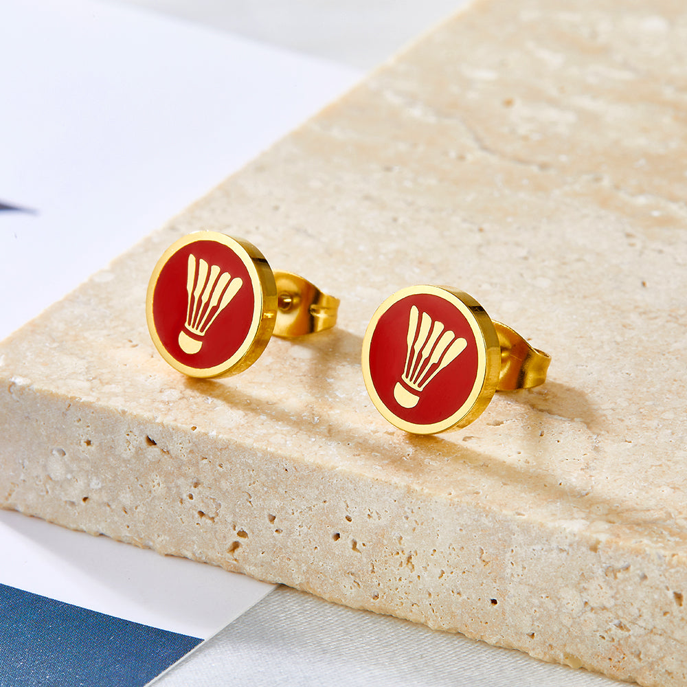 Enamel Girls Kids Jewelry Stainless Steel 18k Gold Plated Badminton Red Cut Stud Earrings
