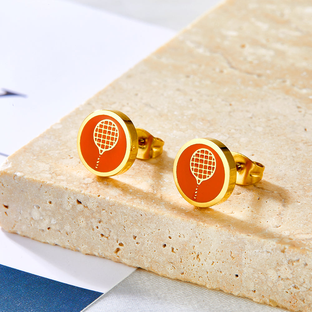 Enamel Girls Kids Jewelry Stainless Steel Tennis Racket Brown Cut Stud Earrings