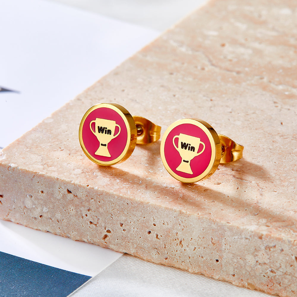 Enamel Girls Kids Jewelry Stainless Steel Trophy Rose Red Cut Stud Earrings