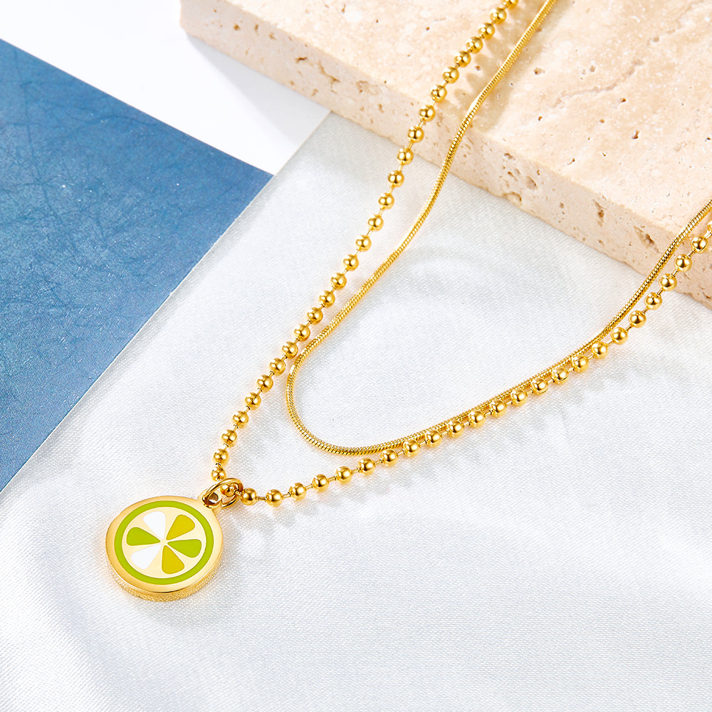 Enamel Girls Kids Jewelry Lemon Slice Mixed Color+Chain Double Chain Necklace