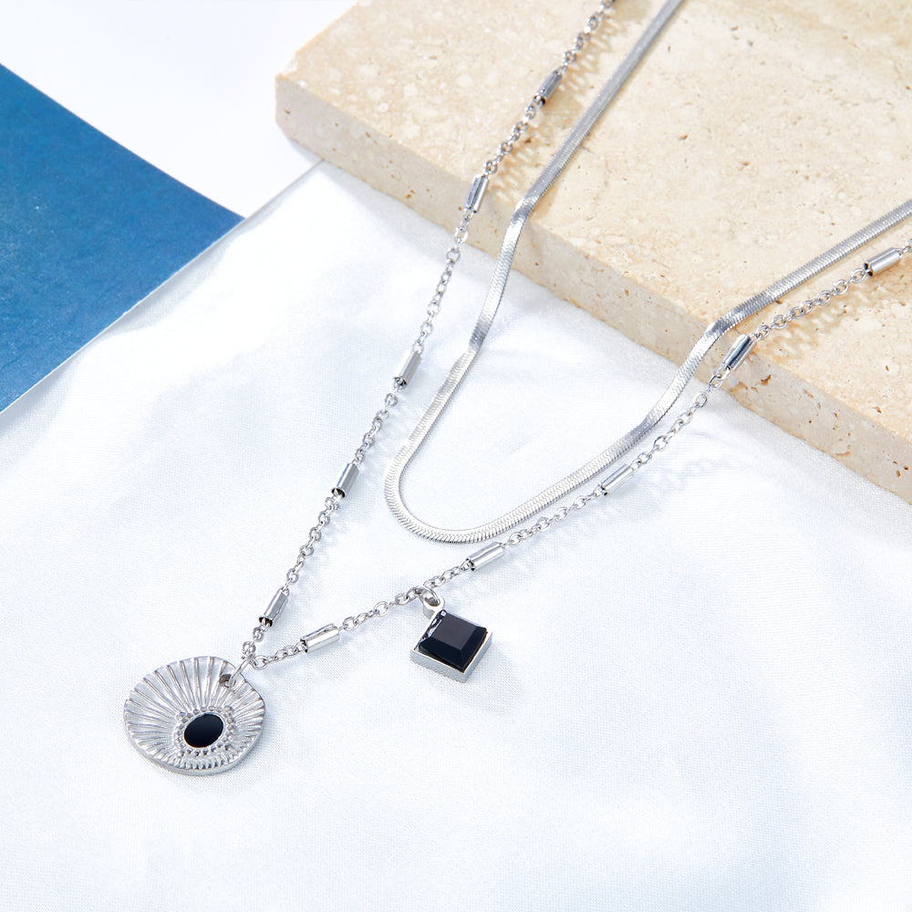 Shell With Black Drop Oil + Square Black Drop Oil Accessory+Chain Double Chain Necklace
