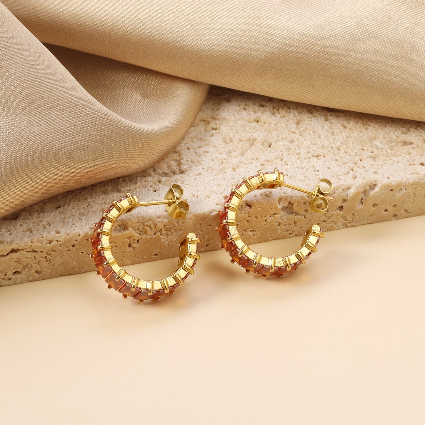 C-Shape with Two Grips Rectangle White/Purple/Green/Orange/Mixed/Pink Zirconium Earrings 6.8*21mm Steel Color/Golden Color