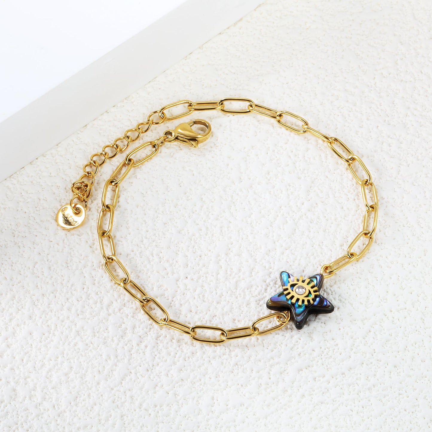 13.2mm Star Abalone Shell with Eyes White Diamonds Bracelet 0.8mm*17+3cm+6mm Round Plaque GOLDEN