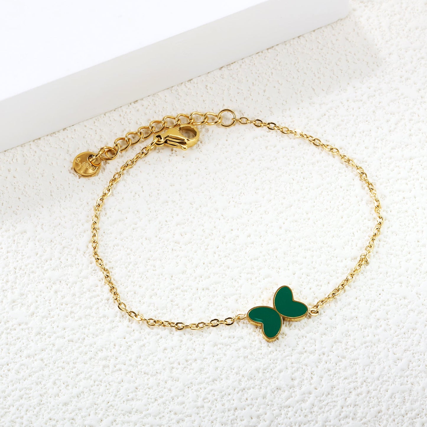 11.2*8mm Butterfly with White Shell/Black Yak/Pink Shell/Green Drip Oil Bracelet Cross Chain 0.4mm*17+3cm+6mm Round Tail Plaque Gold Color