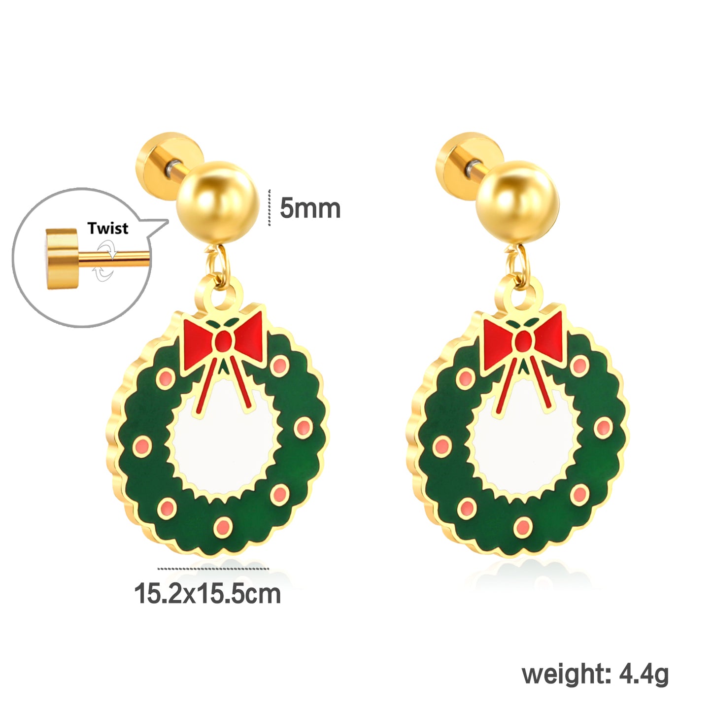 15.2*15.5mm PVD 18K Gold Screw Earring Creative Christmas Tree Outfit Women Cute Earring