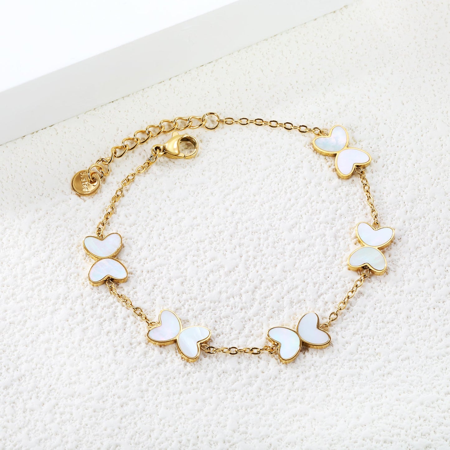 5pcs 11.2*8mm Butterfly with White Shell/Black Yak/Green Drip Oil Bracelet Cross Chain 0.4mm*17+3cm+6mm Round Plaque Gold Color