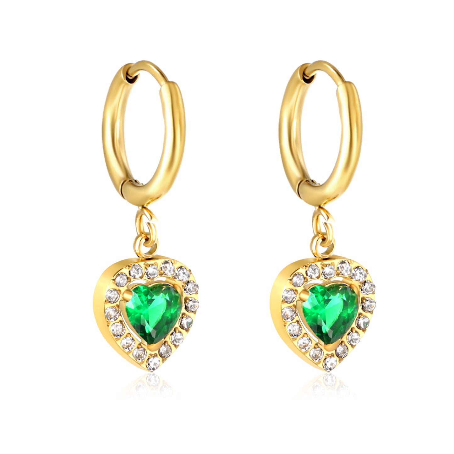 2.1*14.2mm PVD 18k gold earrings +9.8*10.4mm green zirconium heart shaped earrings gold color