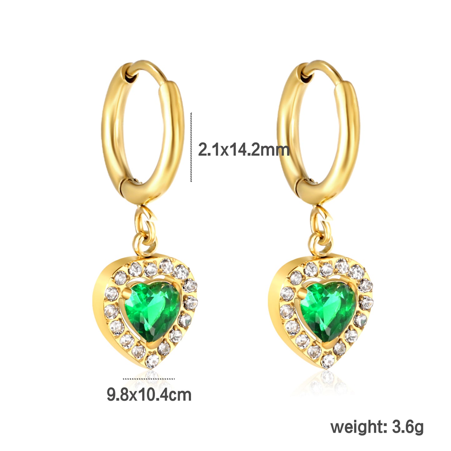 2.1*14.2mm PVD 18k gold earrings +9.8*10.4mm green zirconium heart shaped earrings gold color