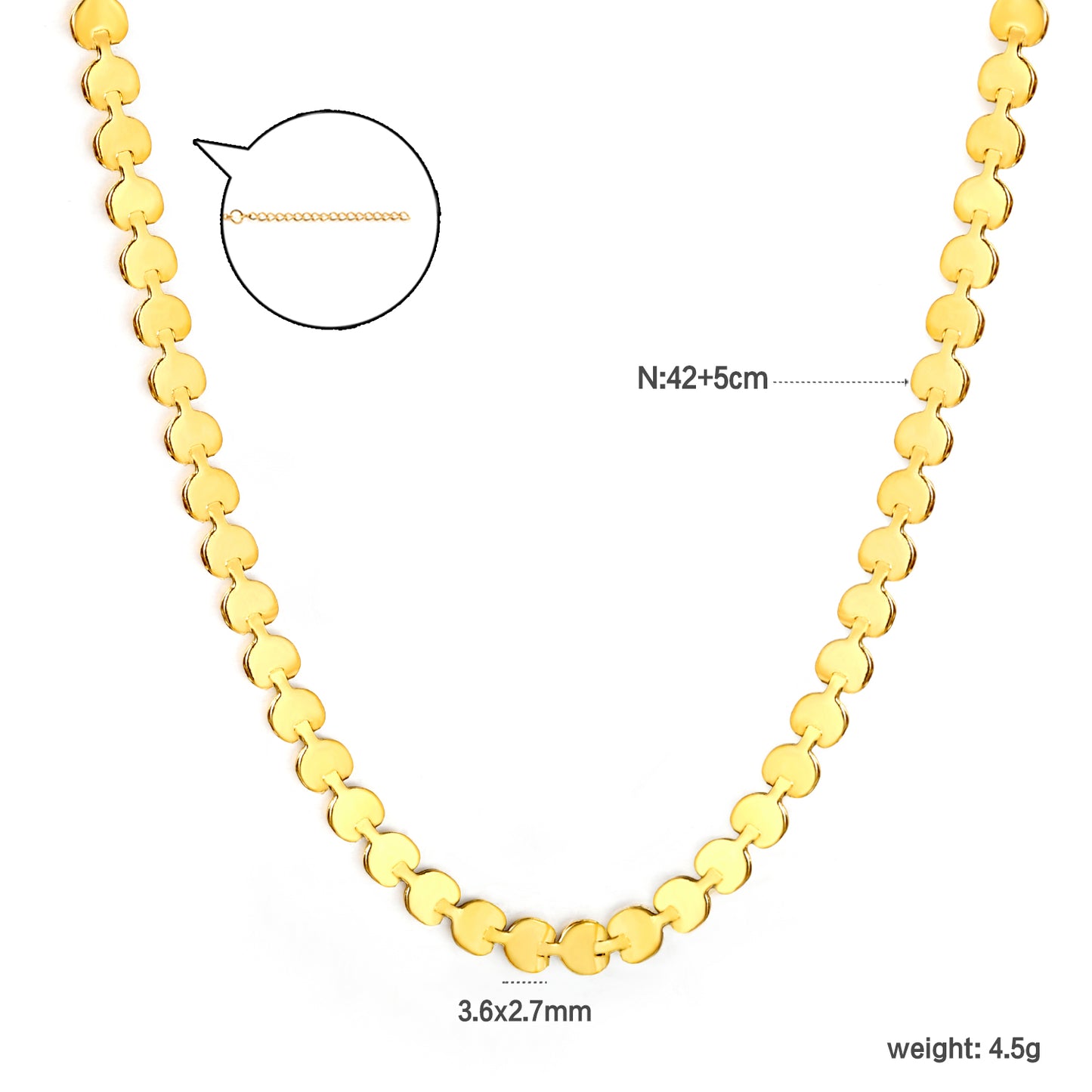 3.6*2.7mm 18k Gold Plated Stainless Steel Choker Simple Fish Bone 42+5cm Chain Necklace for Women Fashion Jewelry
