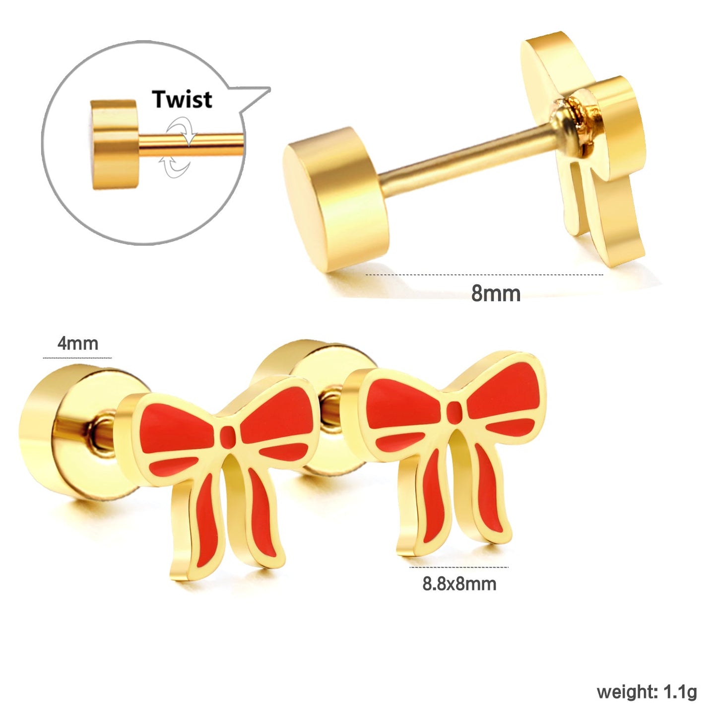 Wholesale Screw plug 0.8*8mm pin bow with red oil drip earrings 8.8*8mm gold color