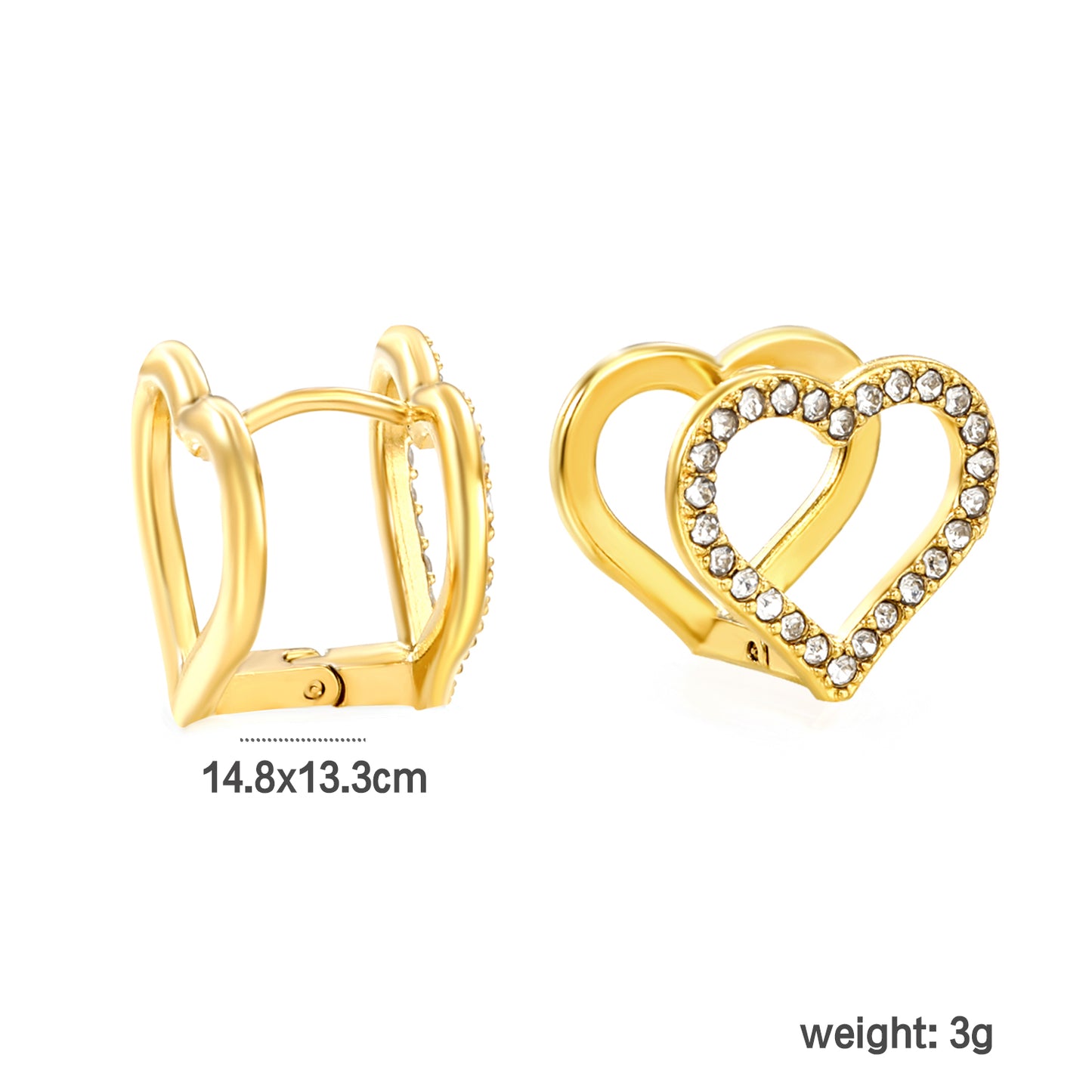 Stainless Steel 14.8*13.3mm Zircon Earrings Double Sided Geometric Heart Studs Fashion