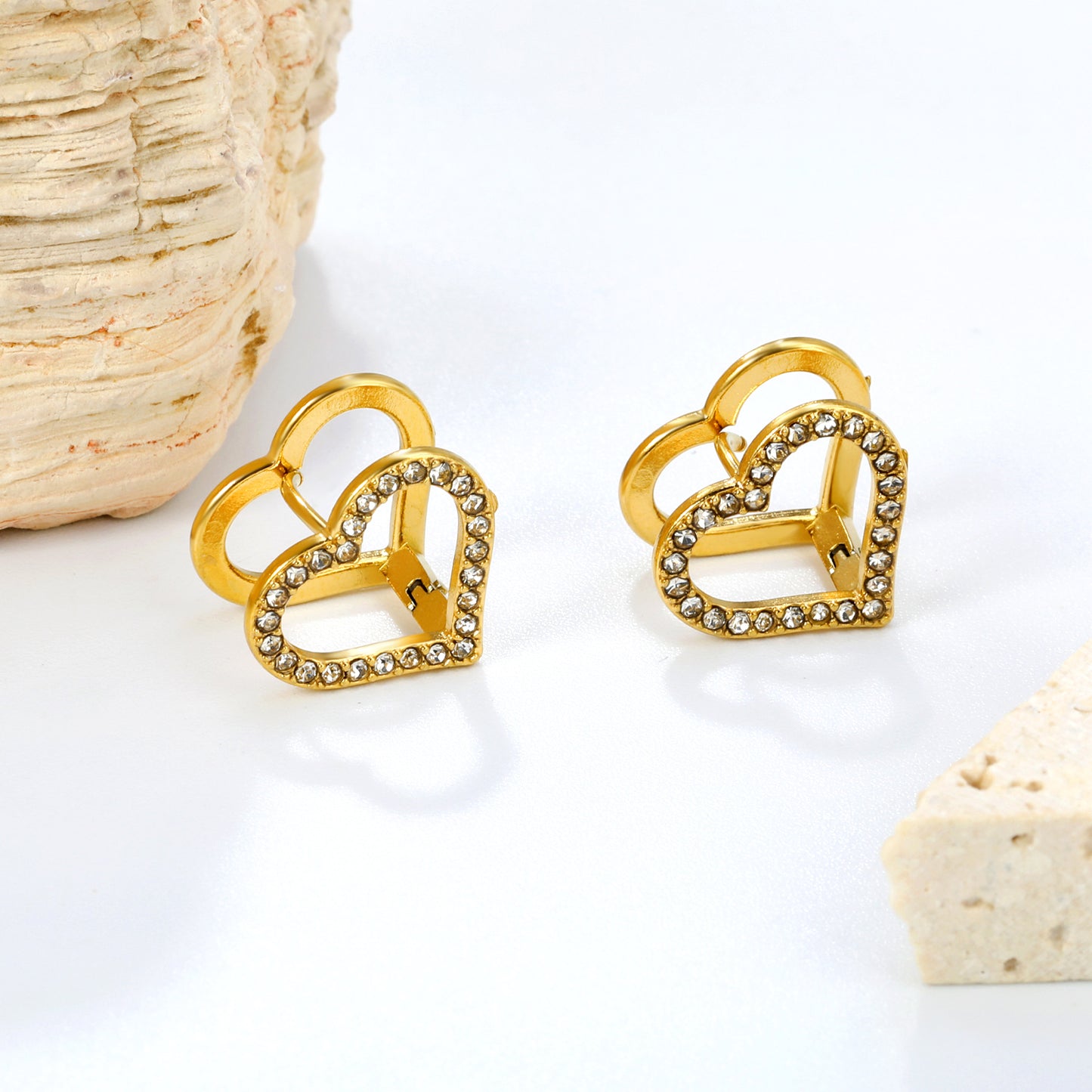 Stainless Steel 14.8*13.3mm Zircon Earrings Double Sided Geometric Heart Studs Fashion